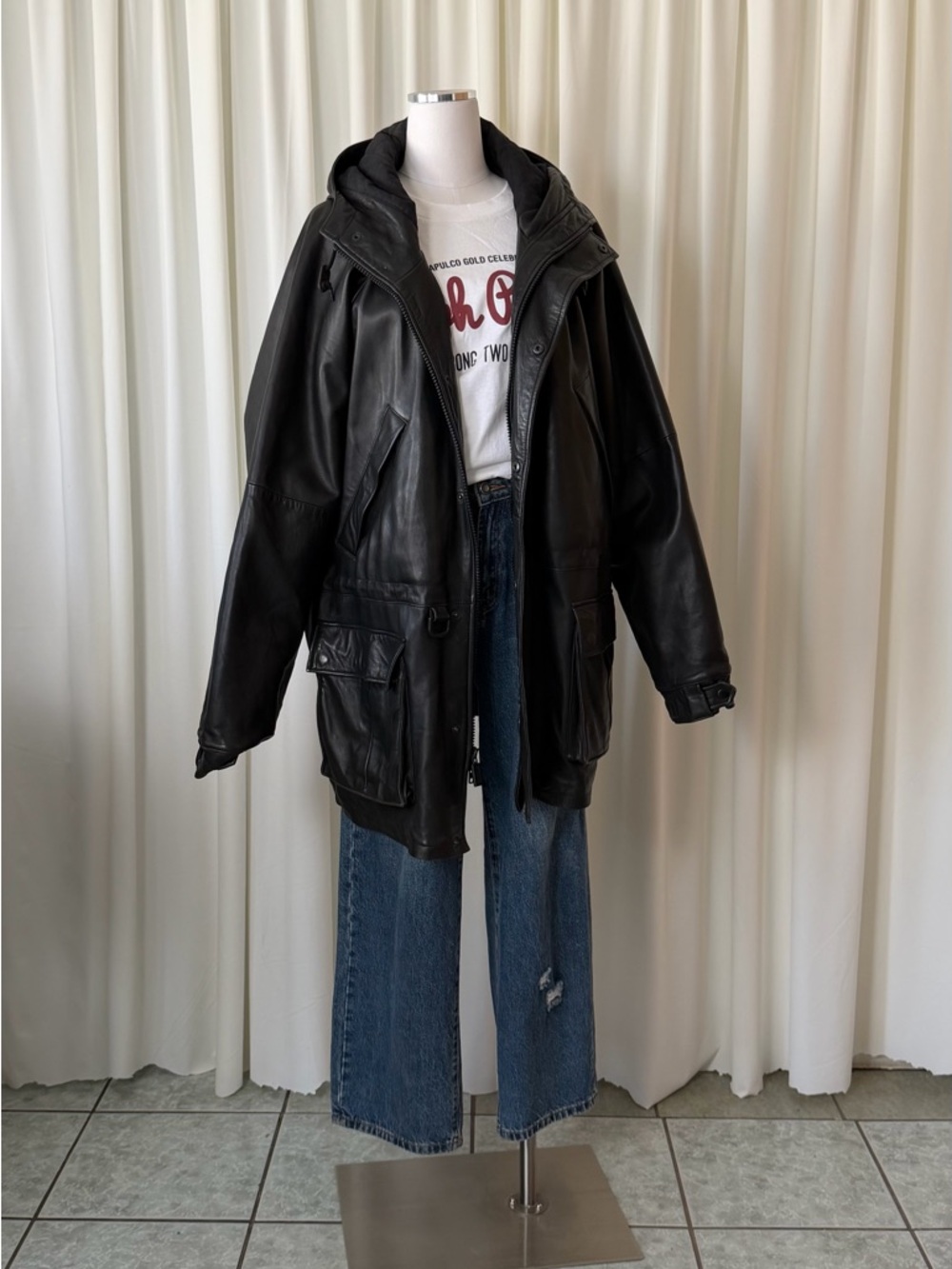 Vintage 90s Polo Sport Ralph Lauren Leather Parka Jacket Hooded Black XL Rare. - Picture 6 of 16